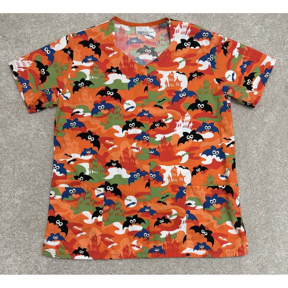 WS Fundamentally Cotton Women's MEDIUM Halloween Bats Short Scrub Top Shirt